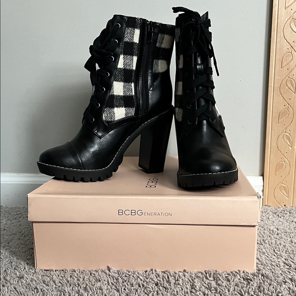 BCBGeneration Black and White Checkered Heeled Boots